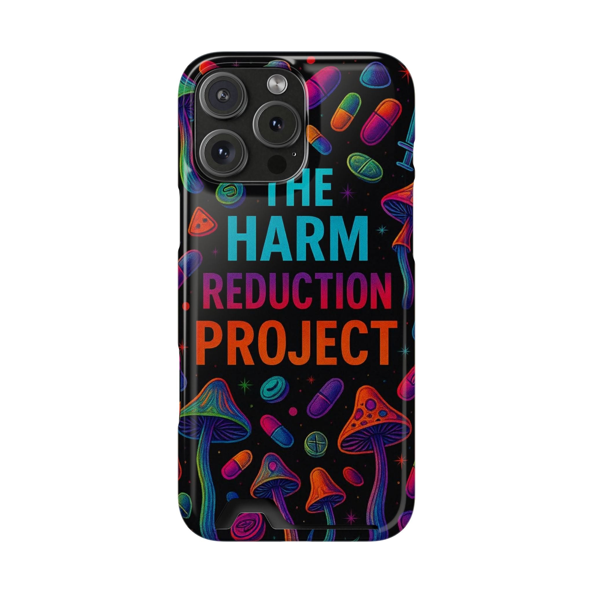 Phone Case with Card Holder — "The Harm Reduction Project" Psychedelic Mushroom & Pills Design