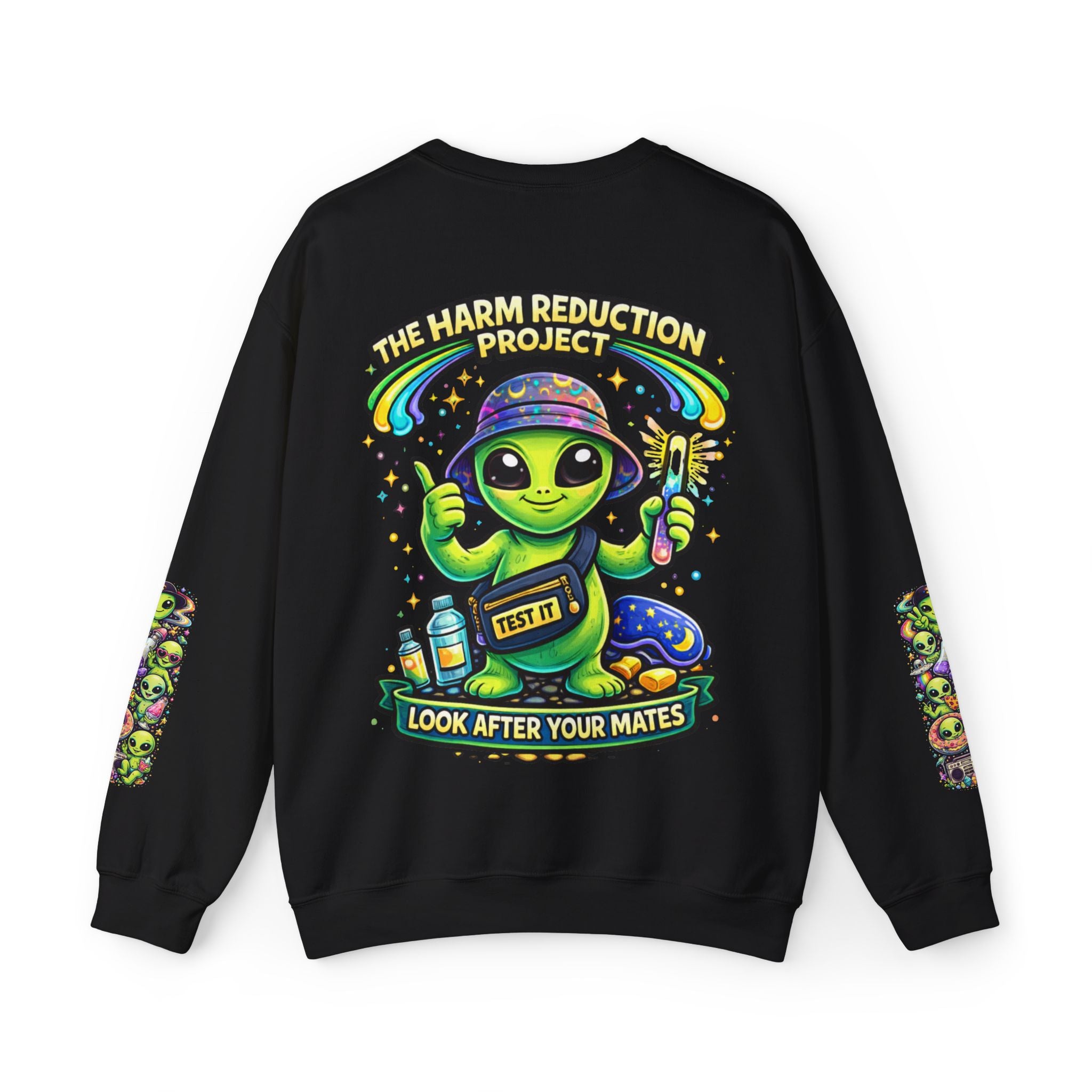 Harm Reduction Alien Crewneck Sweatshirt — "Look After Your Mates" Graphic