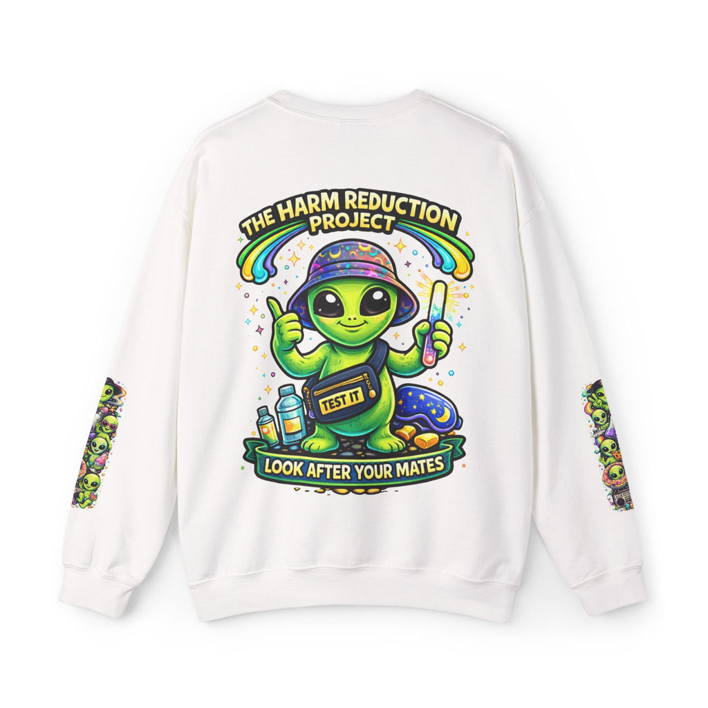 Harm Reduction Alien Crewneck Sweatshirt — "Look After Your Mates" Graphic