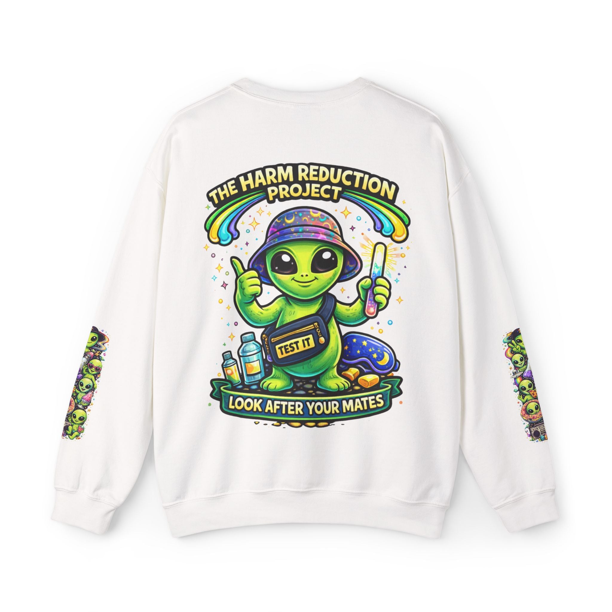 Harm Reduction Alien Crewneck Sweatshirt — "Look After Your Mates" Graphic