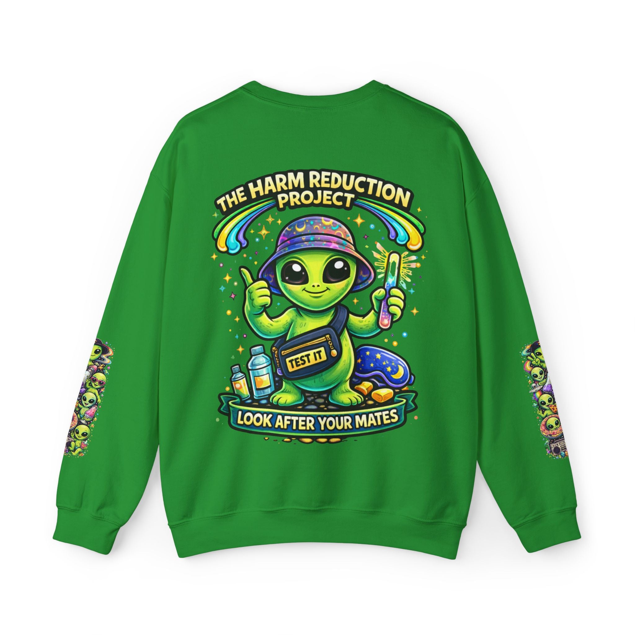 Harm Reduction Alien Crewneck Sweatshirt — "Look After Your Mates" Graphic